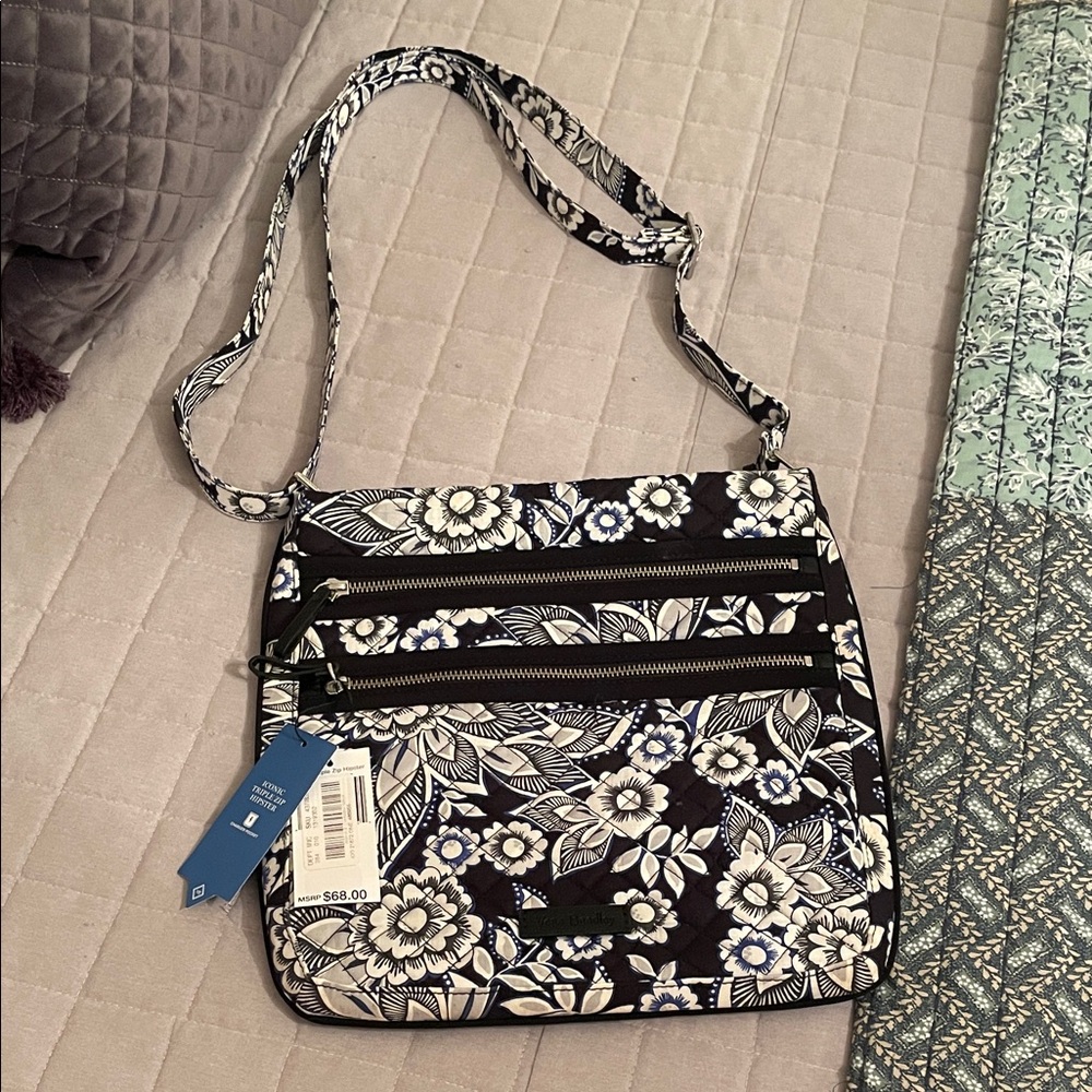 Vera Bradley Black & White Floral Crossbody with Blue Accents